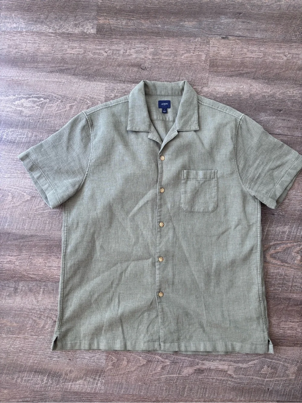 J. Crew Short-Sleeve Button-Up Waffle Shirt in Olive -L